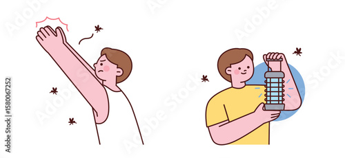 People dealing with mosquitos. One person is annoyed by buzzing mosquitos, while another is using a mosquito trap or lamp to attract and eliminate them