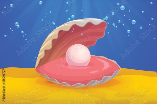 A large open oyster shell showcases a luminous pearl nestled within its vibrant pink interior set against a blue underwater backdrop with shimmering bubbles