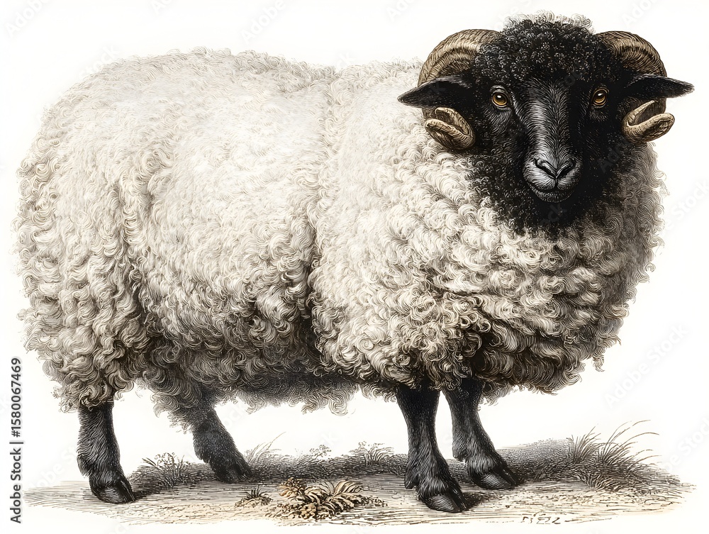 Obraz premium A detailed vintage illustration depicts a horned sheep with a black face and thick white woolly coat.