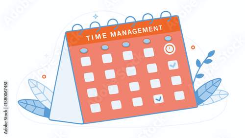 Illustration of a time management calendar with time clock and check marks indicating completed tasks