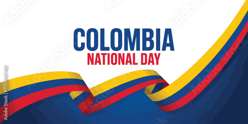 colombia national day celebration banner with bold text overlay and flowing ribbon in flag colors symbolizing unity, pride, and patriotism