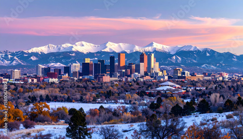 Denver City Skyline with Snowy Rocky Mountains at Sunset