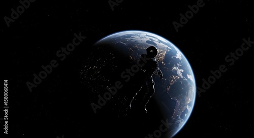 Futuristic astronaut silhouette floating in space with Earth glowing behind