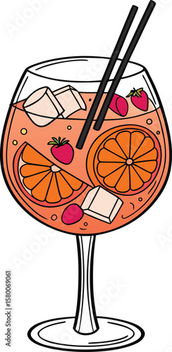 Vector art of a vibrant cocktail with orange slices, strawberries, and ice, served in a wine glass with straws