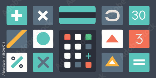 Vector art of a colorful collection of calculator and math icons, including symbols and numbers, arranged in a grid.