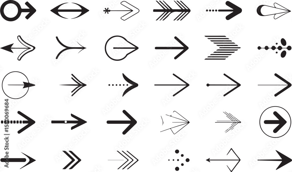 Naklejka premium A versatile collection of black vector arrow icons for web design, pointing in various directions as clear signs and symbols