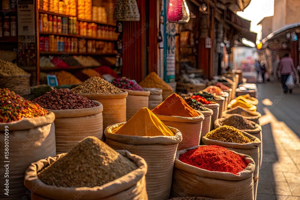 Fototapeta premium Colorful spice market with vibrant displays of spices in sacks and bustling shoppers in background