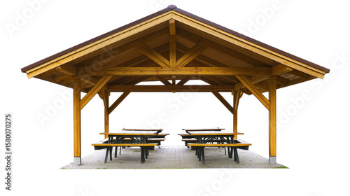 Wooden Pavilion Structure with Tables Underneath Surrounded by Nature and Outdoor Space