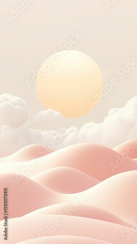 Soft Pink Clouds and Sun Over Rolling Hills