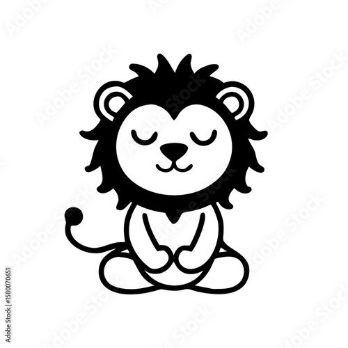 Stylized black and white cartoon lion meditating with closed eyes and fluffy mane