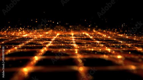 An abstract grid pattern shimmers with golden lights, creating a futuristic and technological ambiance
