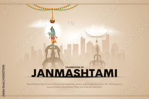 Dahi handi Indian festival of lord Krishna Janmashtami, Govinda pyramid theme celebration design.