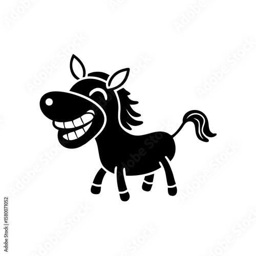 A joyful horse cartoon character laughing hysterically in solid black coloring