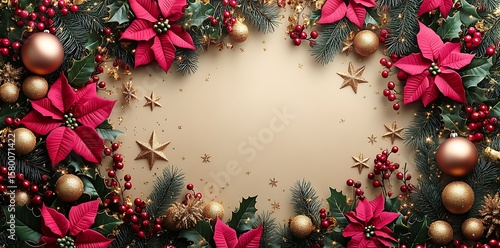 Festive Christmas Poinsettias Holly Berries and Ornaments image