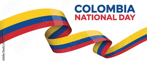 colombia national day poster with dynamic ribbon in yellow, blue, and red colors symbolizing patriotism, unity, and cultural pride