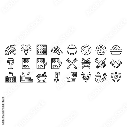 Chocolate, Food & Industry Line Icons: Sweet Treats, Cooking, and Business Symbols