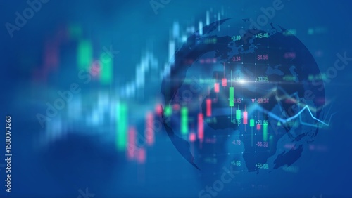 Digital World Financial Growth with Stock Market Data Overlay on Blue Globe
