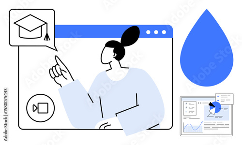 Female participant interacting with digital learning tool, graduation cap icon on screen, video call option, data analytics chart. Ideal for education, remote learning, online training, academic