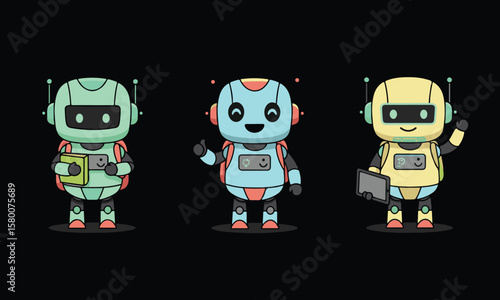Three friendly cartoon robots, each with unique colors, holding devices, and displaying positive gestures.
