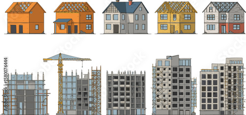 House construction stages, building process illustration, under construction homes, scaffolding, cranes, residential structure development, architectural progress, vector construction set