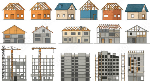 House construction stages, building process illustration, under construction homes, scaffolding, cranes, residential structure development, architectural progress, vector construction set