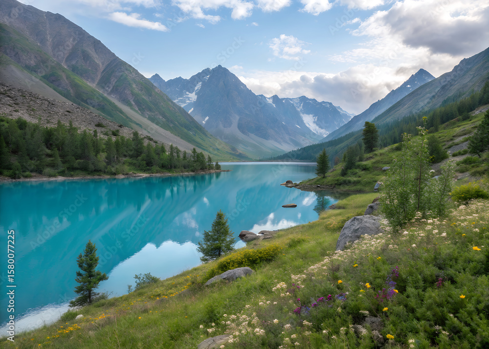 Fototapeta premium Tranquil Mountain Lake: A breathtaking panorama unfolds as a crystal-clear turquoise lake mirrors the towering peaks and serene sky, offering a moment of peaceful reflection. 