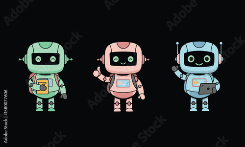 Three friendly, colorful cartoon robots standing on a black background, each with unique poses.