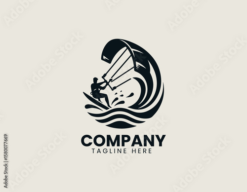 Dynamic Kitesurfer Silhouette Riding Wave Extreme Water Sport Vector Logo Design