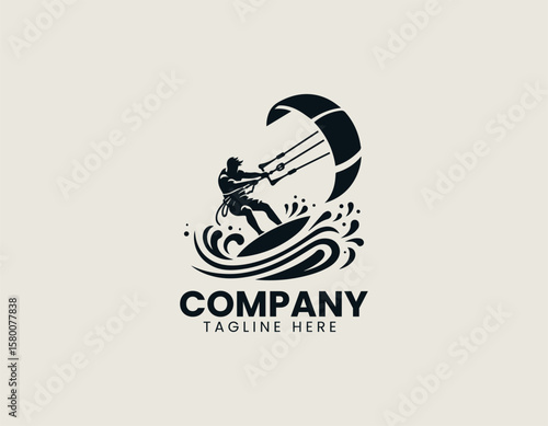 Dynamic Kitesurfer Silhouette Riding Wave Extreme Water Sport Vector Logo Design