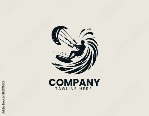 Dynamic Kitesurfer Silhouette Riding Wave Extreme Water Sport Vector Logo Design