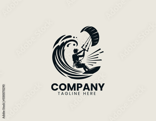 Dynamic Kitesurfer Silhouette Riding Wave Extreme Water Sport Vector Logo Design