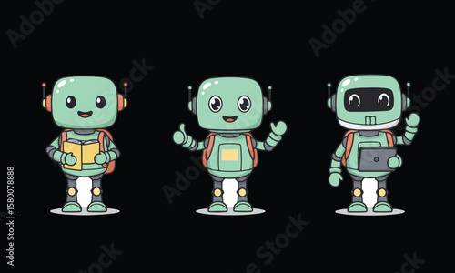 Three friendly cartoon robots, each with a backpack, engaging in different activities.