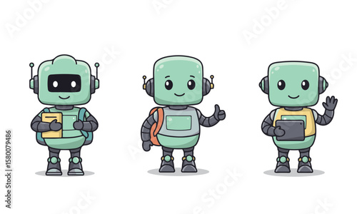 Three cute cartoon robots in various poses, with accessories and expressions.