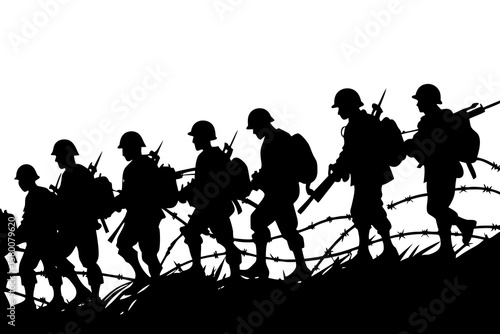 Soldiers march in silhouette, military operation