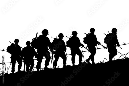 Soldiers march, a military silhouette of army men