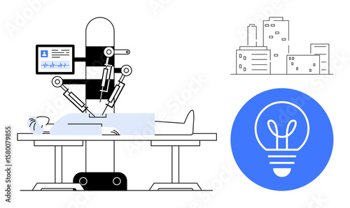 Robotic arms operate on patient under medical supervision, monitor displaying vitals. Ideal for healthcare, innovation, AI, technology, surgery, urban development, simple landing page
