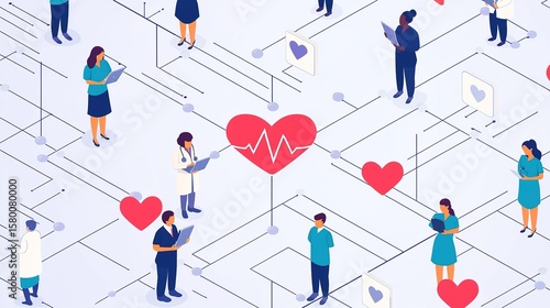 Doctors, nurses, and patients interact digitally, connected by heart icons and lines, representing a healthcare network and telemedicine system.