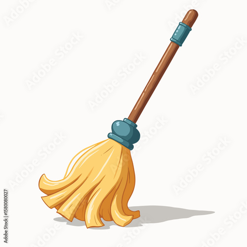Isolated mop illustration, a cleaning tool with wooden handle and yellow head. Mop shows domestic chore, embodying tidiness and hygiene. Perfect mop illustration for home cleaning service promotion.