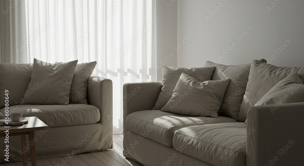 Fototapeta premium Serene Living Room with Linen Sofas and Soft Natural Light Streaming Through Curtains