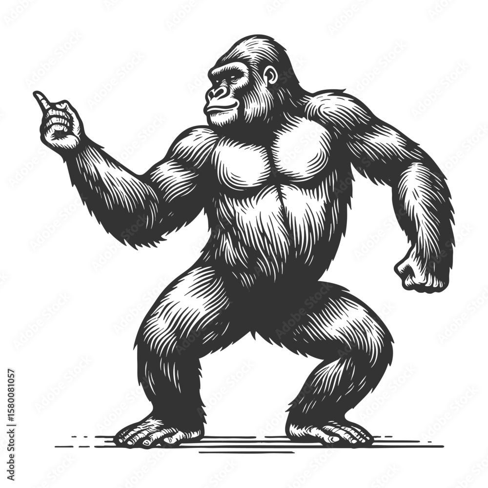 Fototapeta premium gorilla dancing sketch engraving generative ai fictional character vector illustration. Scratch board imitation. Black and white image.