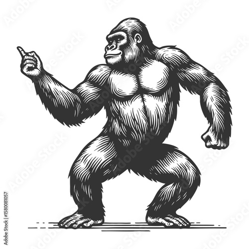 gorilla dancing sketch engraving generative ai fictional character vector illustration. Scratch board imitation. Black and white image.