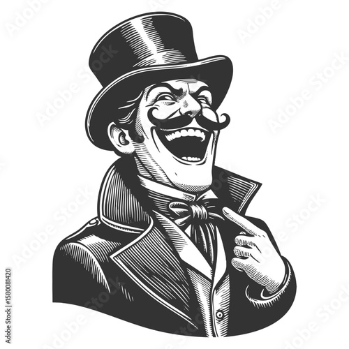 Victorian man with a curled mustache and top hat laughing with exaggerated joy sketch engraving generative ai fictional character vector illustration. Scratch board imitation. Black and white image.