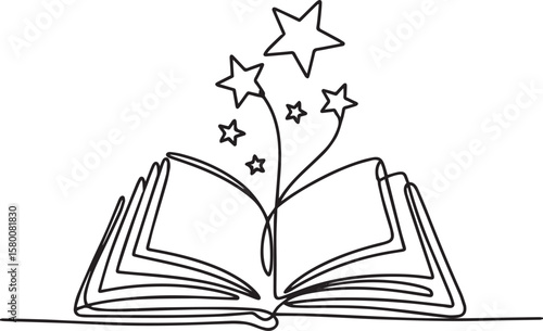 Opened book with flying page and stars in one continuous line drawing, symbolizing magic of reading

