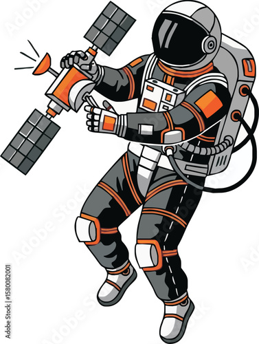 An astronaut in a spacesuit floating in space, holding a satellite with solar panels.