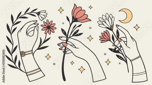 Boho hands holding flowers vector art illustration with moon and stars aesthetic drawing design art