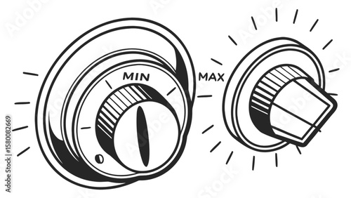Illustration of min max control knob dial setting for volume or temperature adjustment equipment device