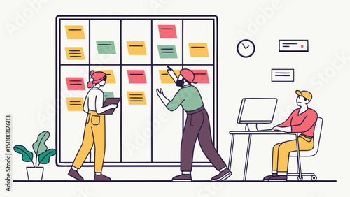 Agile project management team planning sprint with kanban board and sticky notes for workflow optimization