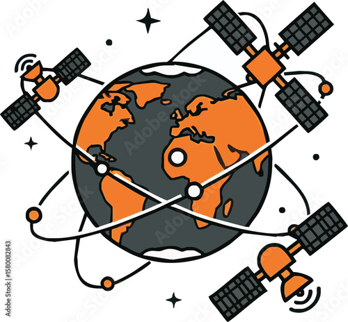 Global satellite network orbiting Earth with communication links and stars in space.