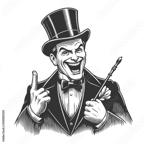 Victorian man in a top hat holding a wand, with an exaggerated wide grin and raised finger sketch engraving generative ai fictional character vector illustration. Scratch board. Black and white image.