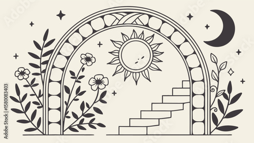 Boho celestial archway with sun moon stars and floral elements vector illustration art design